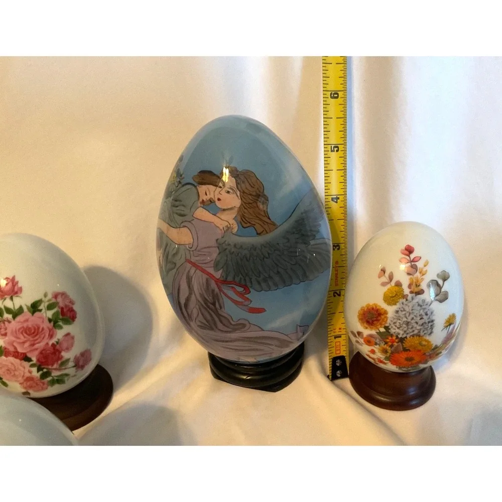 Lot AVON 7 of Seasons Porcelain Egg  WOOD STANDS & Boxes 1987-1988+ Angel EGG